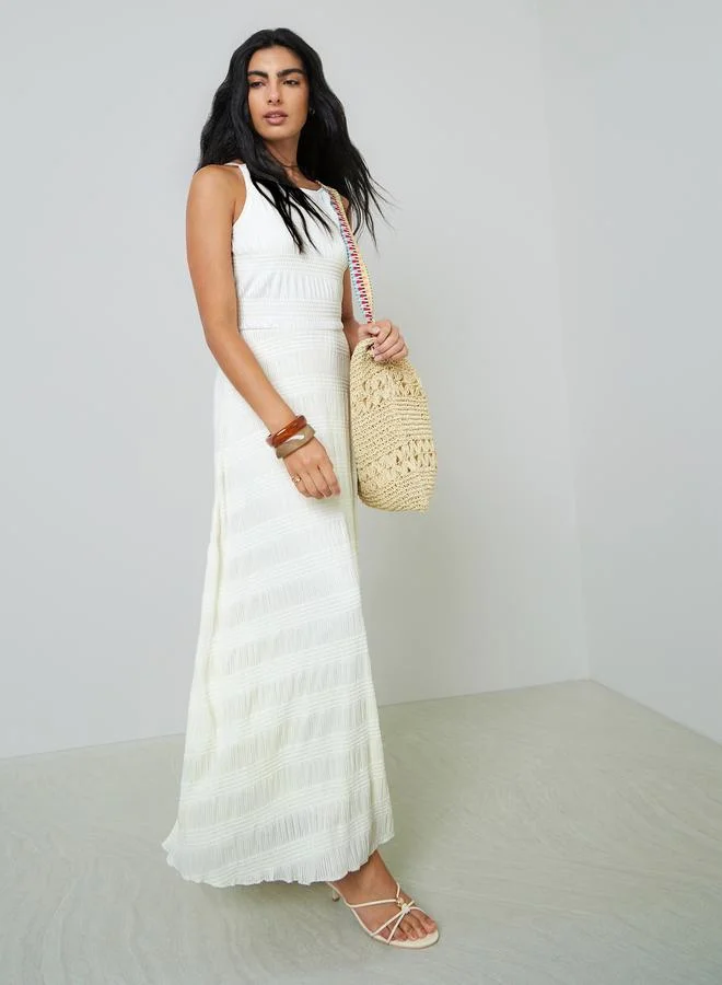 Styli Cream Textured Sleeveless Maxi Dress Elegant Flowy Casual Wear for Women i05wv