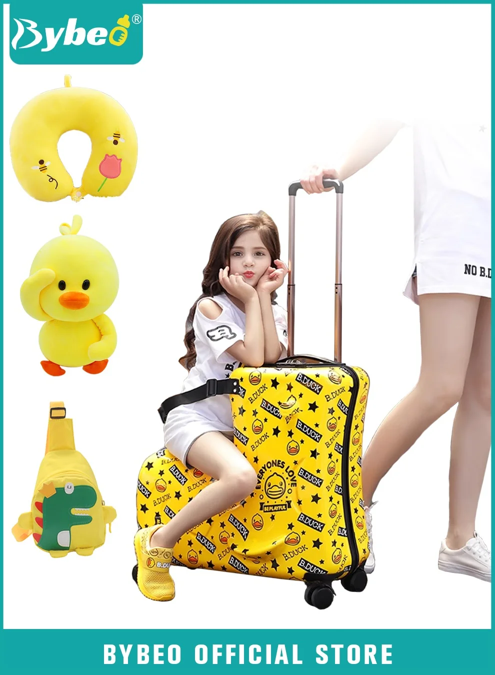 Bybeo 4-Piece Kids Travel Luggage Set with Rolling Suitcase, Satchel, U-Shaped Pillow, and Plush Toy (22 Inch) f3k8k