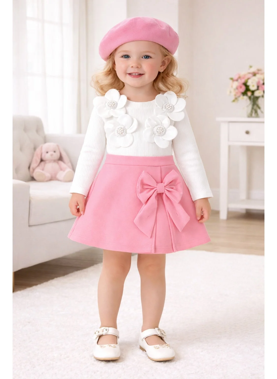 Smarties AE Girls 2-Piece Outfit Set with Hat Floral Applique Ribbed Top and Bow Skirt (2-4 Years) b150o