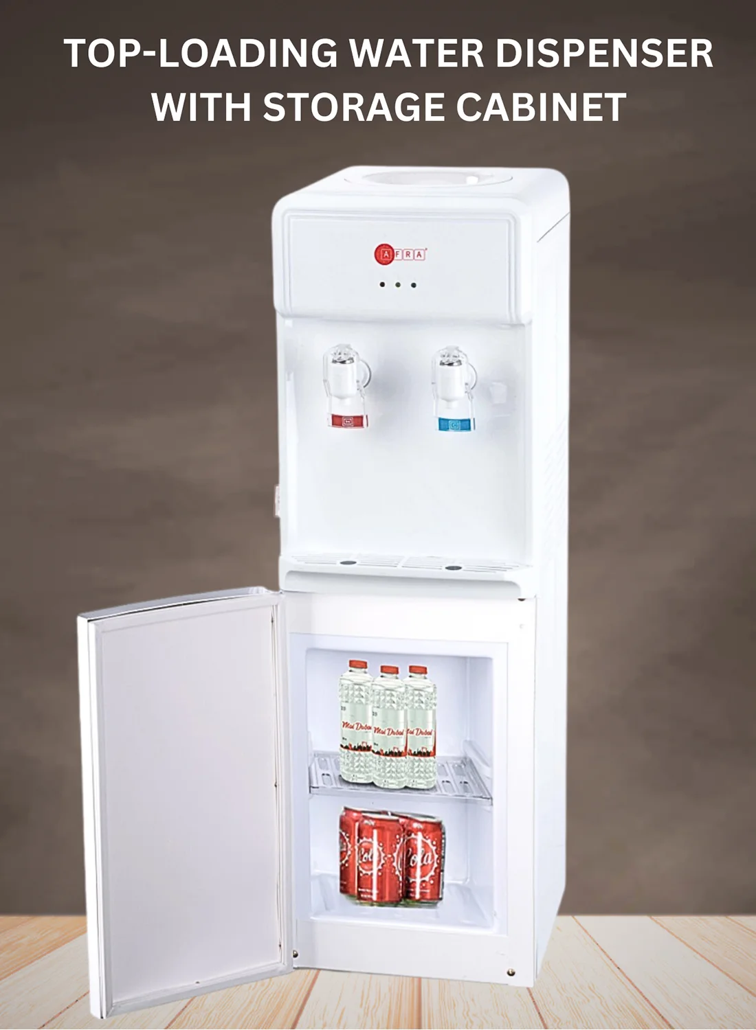 AFRA Water Dispenser with Storage Cabinet, Hot & Cold 2-Tap System, Rust-Proof Tank, Energy-Efficient (White, 630W) n33d9