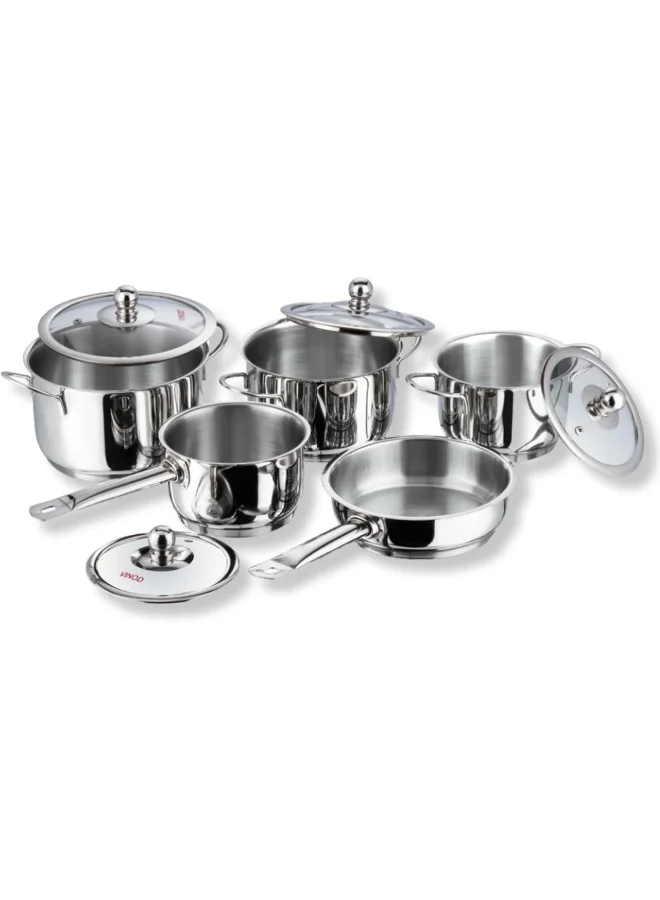 VINOD Tuscany 5-Piece Stainless Steel Cookware Set with Tri-Ply Base and Tempered Glass Lids (16cm Saucepan, 20cm Frypan, 1.3L, 2L, 2.8L Casseroles) yojuj