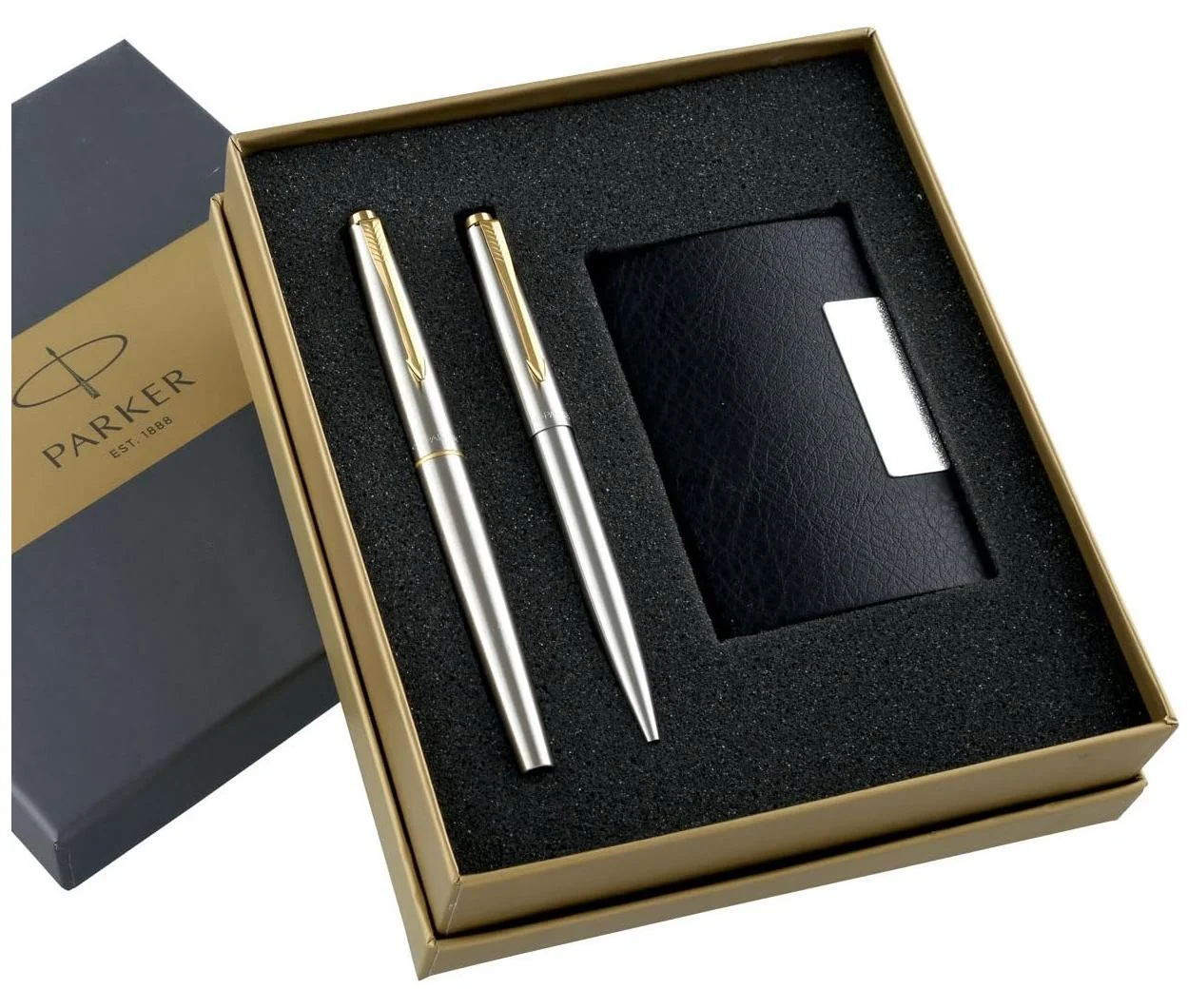 Premium Stainless Steel Ballpoint Pen Set with Gold Trim and Card Holder (Silver, 2-Pack) fzk0x