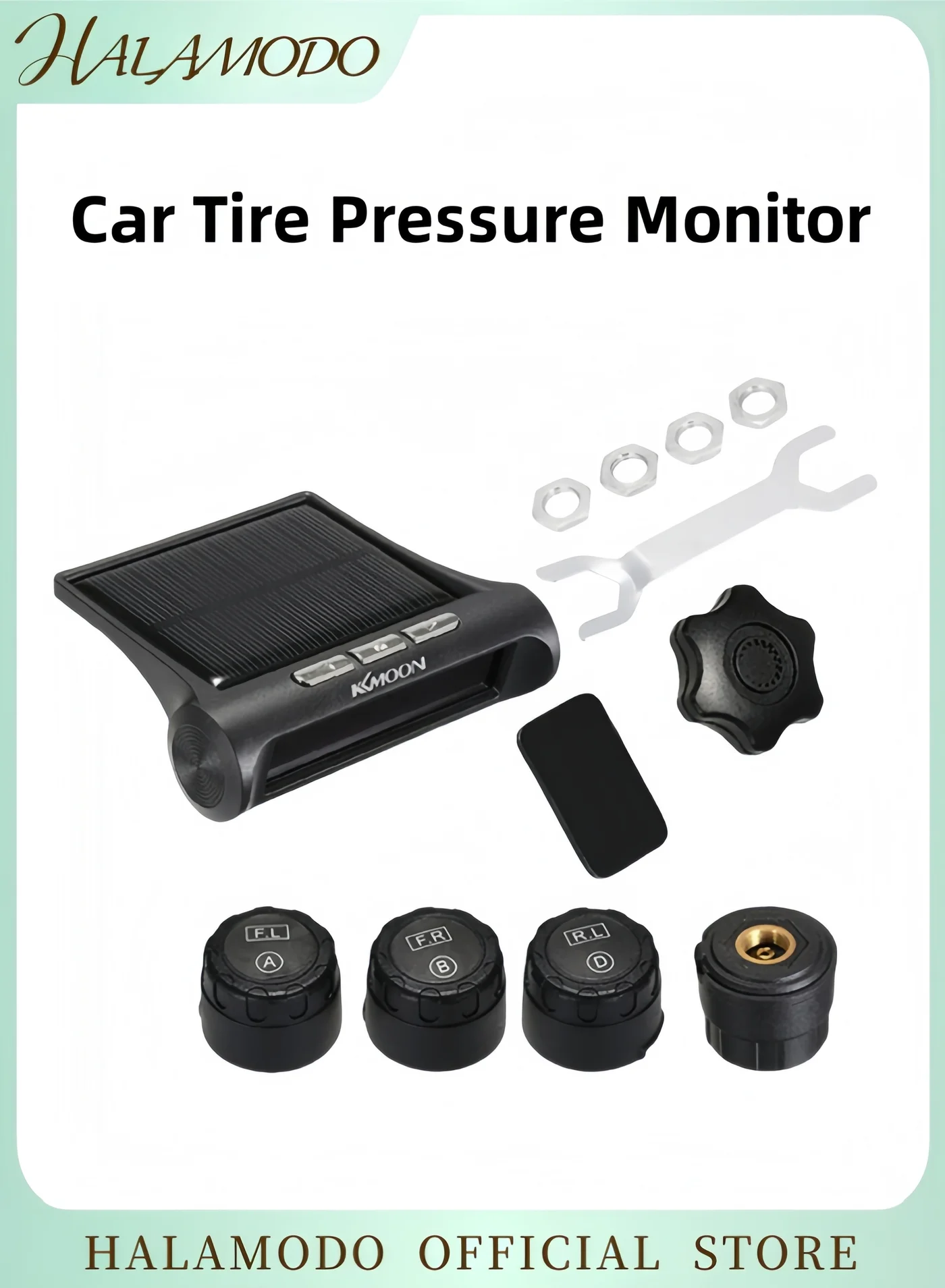 Halamodo Tire Pressure Monitoring System Wireless Solar TPMS with 4 Sensors and LCD Display for Car and SUV (1 Set) p91cg