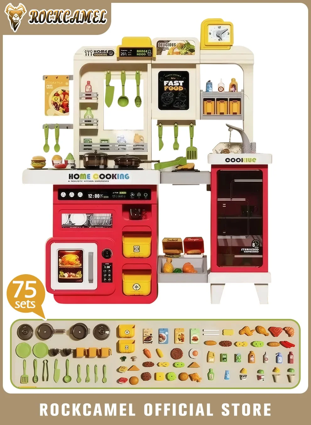ROCKCAMEL Kids Kitchen Play Set with Realistic Spray Running Water and Sound Effects (Red, 82cm Height, 75 Pcs) x5dln
