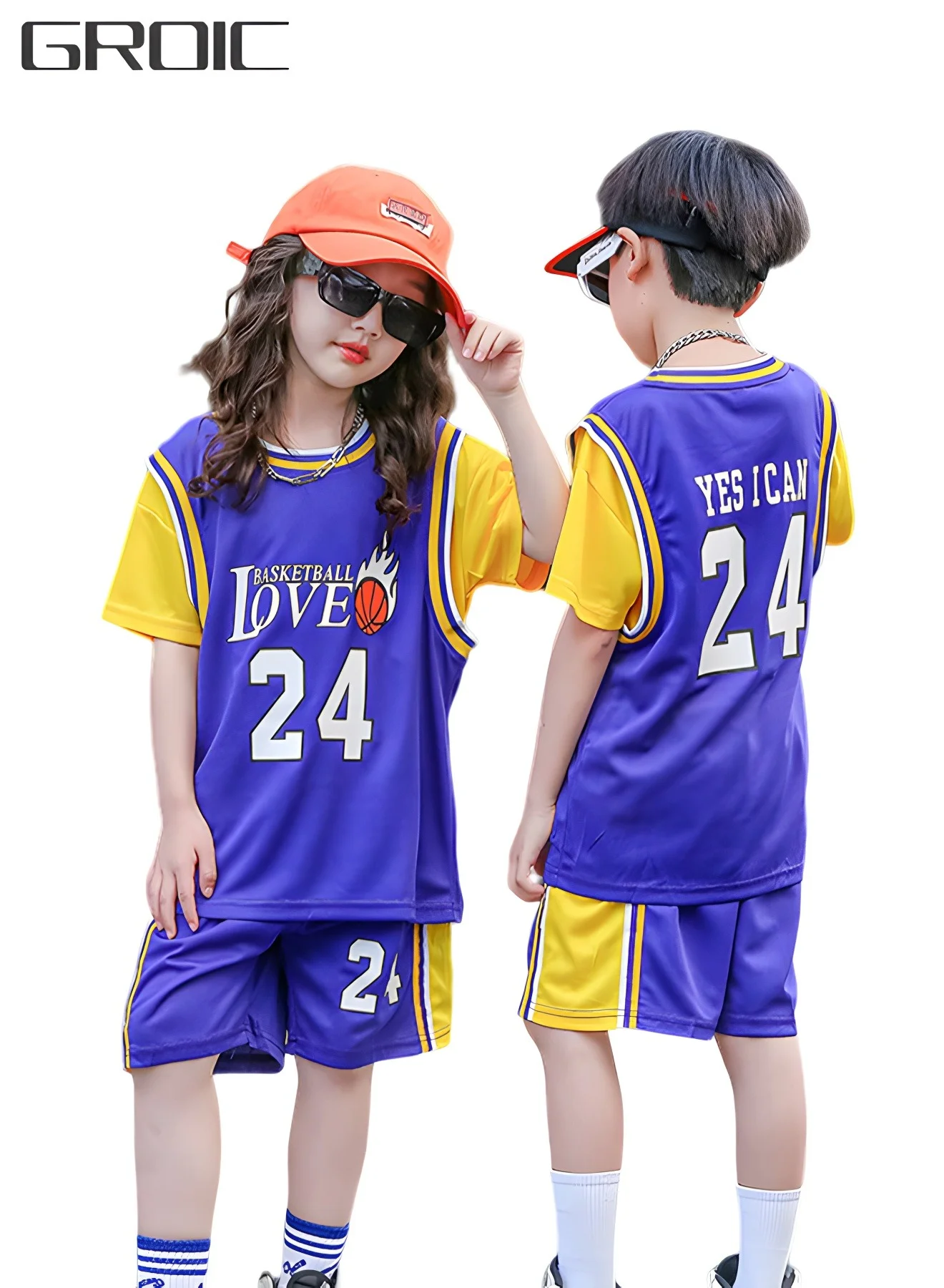 GROIC Kids Basketball Jersey Set Sleeveless Sportswear Top and Shorts (Blue, 140cm) rev5a