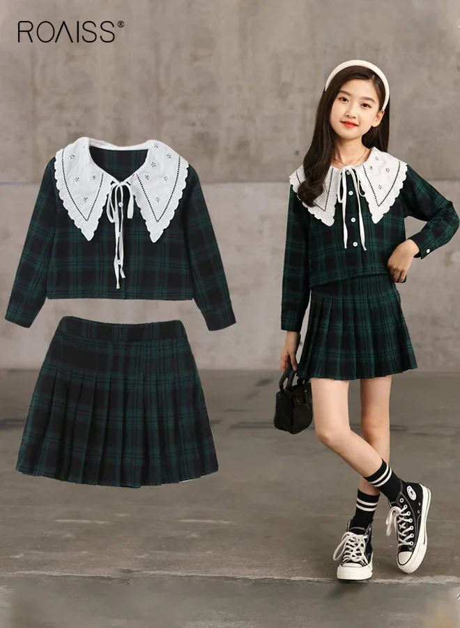 Roaiss Girls Uniform Outfit Set, Premium Checkered Shirt and Pleated Skirt, Stylish 2-Piece Schoolwear Suit for Kids (Multi-Color, 120cm) 814yz