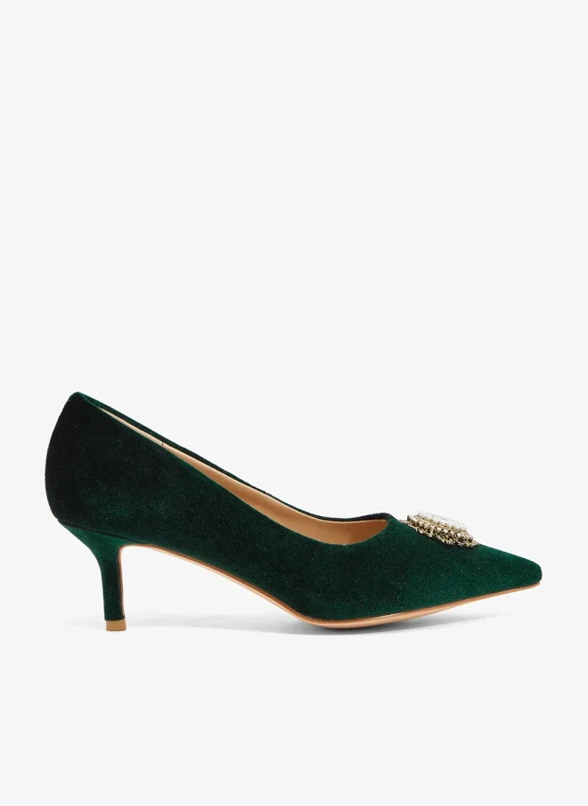 Khizana Dark Green Velvet Pumps with Crystal Brooch Pointed Toe Mid Heel (Women, 38 EU) vushp