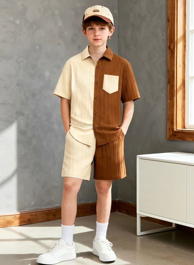 Take Two Boys Color Block Shirt And Shorts Set Premium Cotton Summer Outfit (Kids, 120 cm) k5i9k