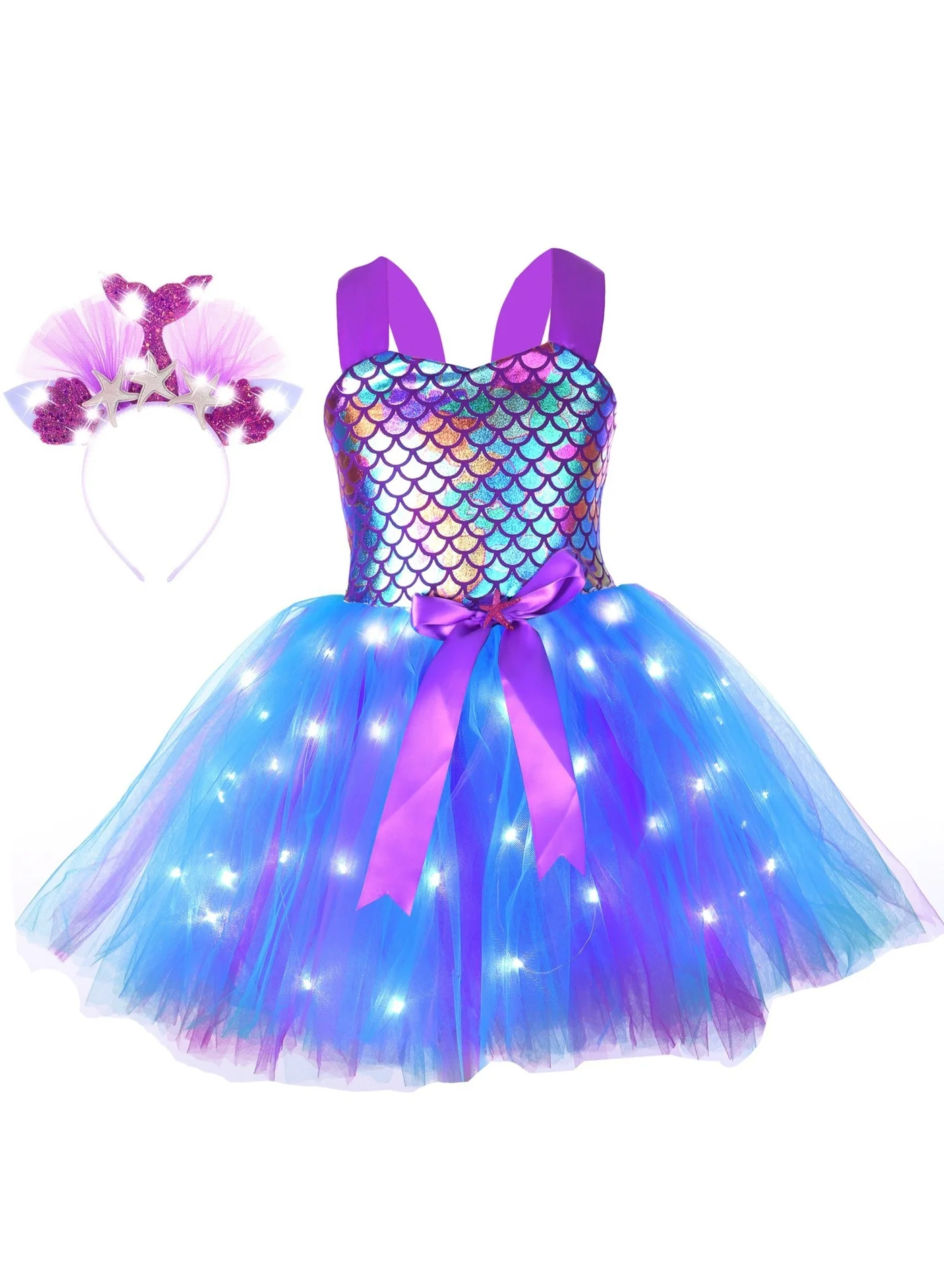 GUDOO Mermaid Princess Dress with LED Lights for Girls Birthday Party Costume (Multicolor, XL) hjheg