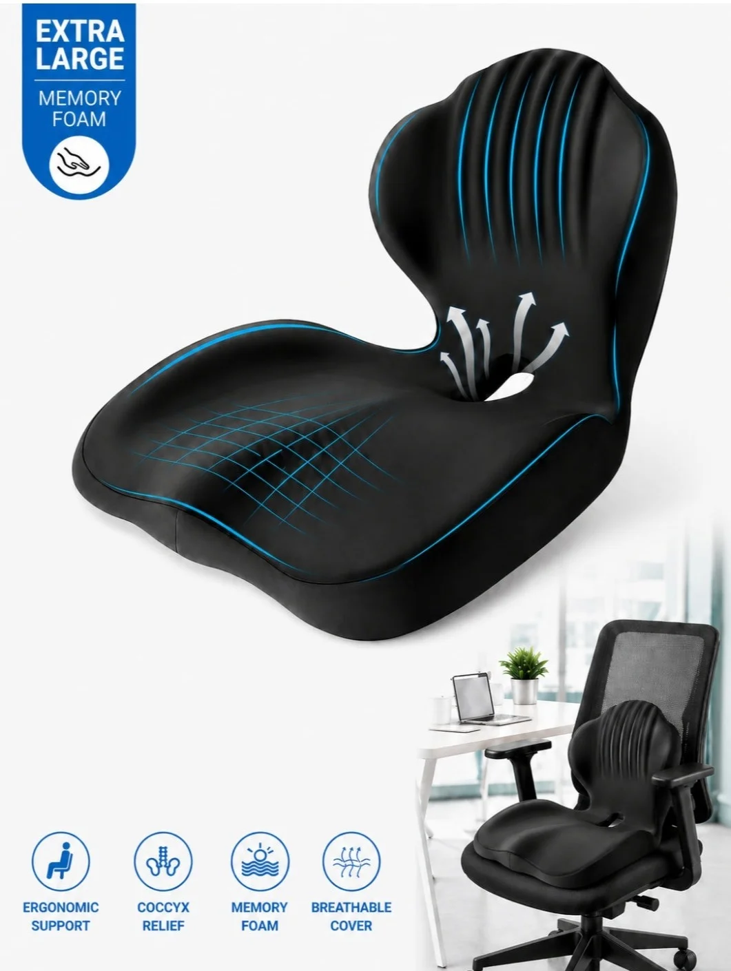 BOFAN Extra Large Memory Foam Seat Cushion Premium Ergonomic Support for Office Chair and Car Seat (Black, 45 x 35 x 7 cm) 1sf6v