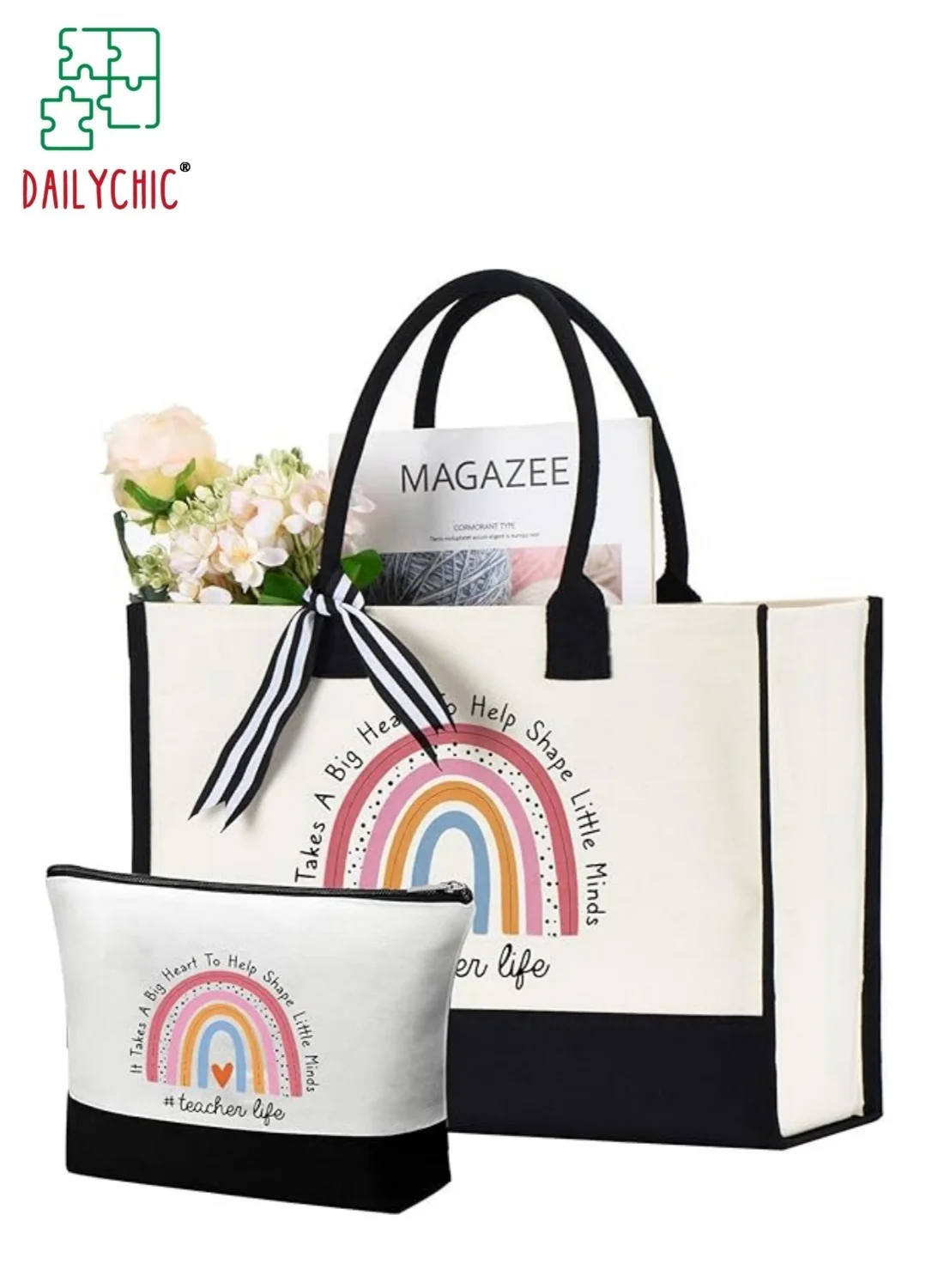 DAILYCHIC Teacher Appreciation Tote Bag and Cosmetic Pouch Set (Canvas, Large Capacity) for Women idd17