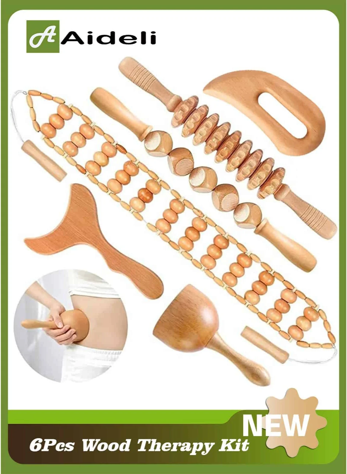 Aideli 6-in-1 Wooden Massage Tools Set for Body Sculpting and Muscle Relaxation (6 Pieces) d8izd