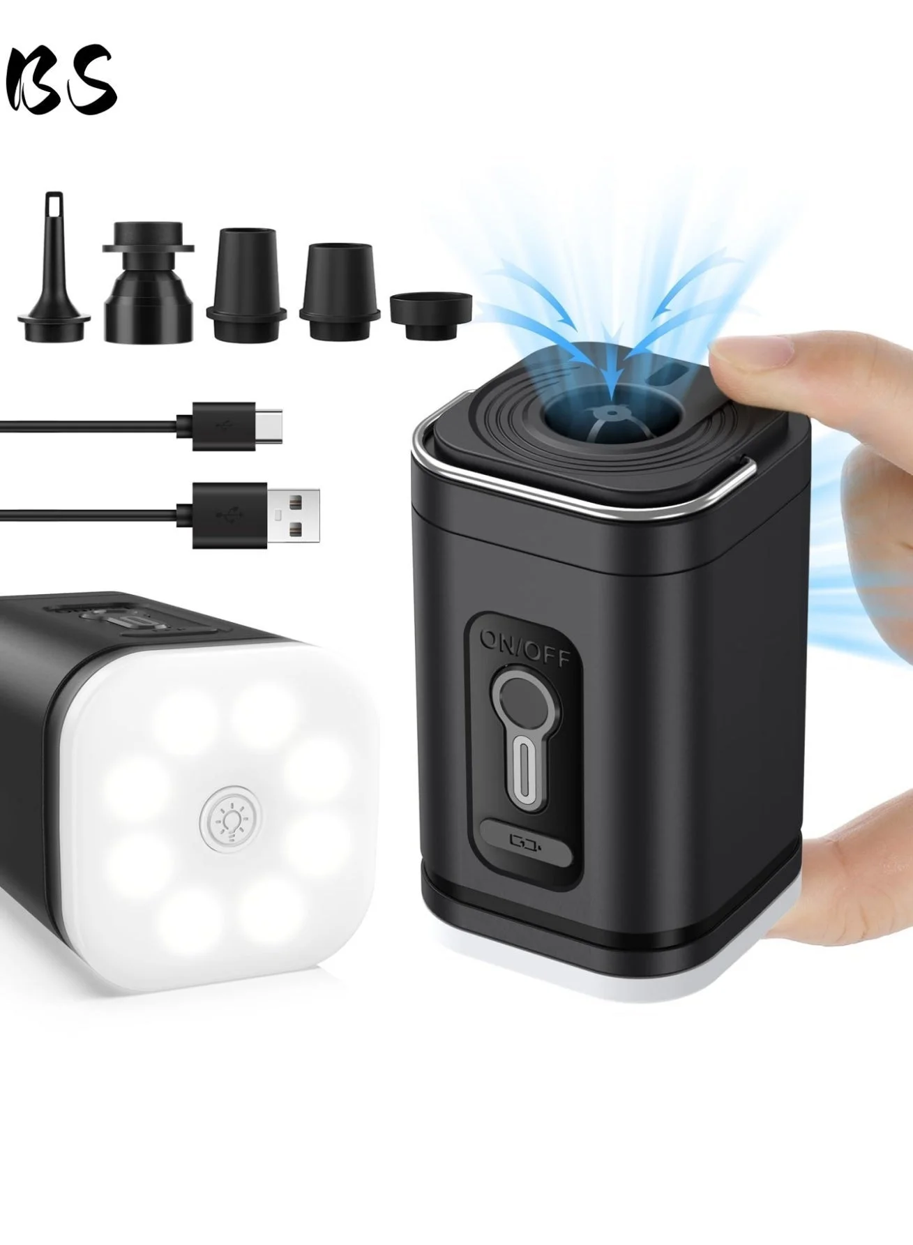 BS Portable Electric Air Pump for Camping and Inflatables with 410LM LED Light and 5 Nozzles (8x5x5 cm) s4nko