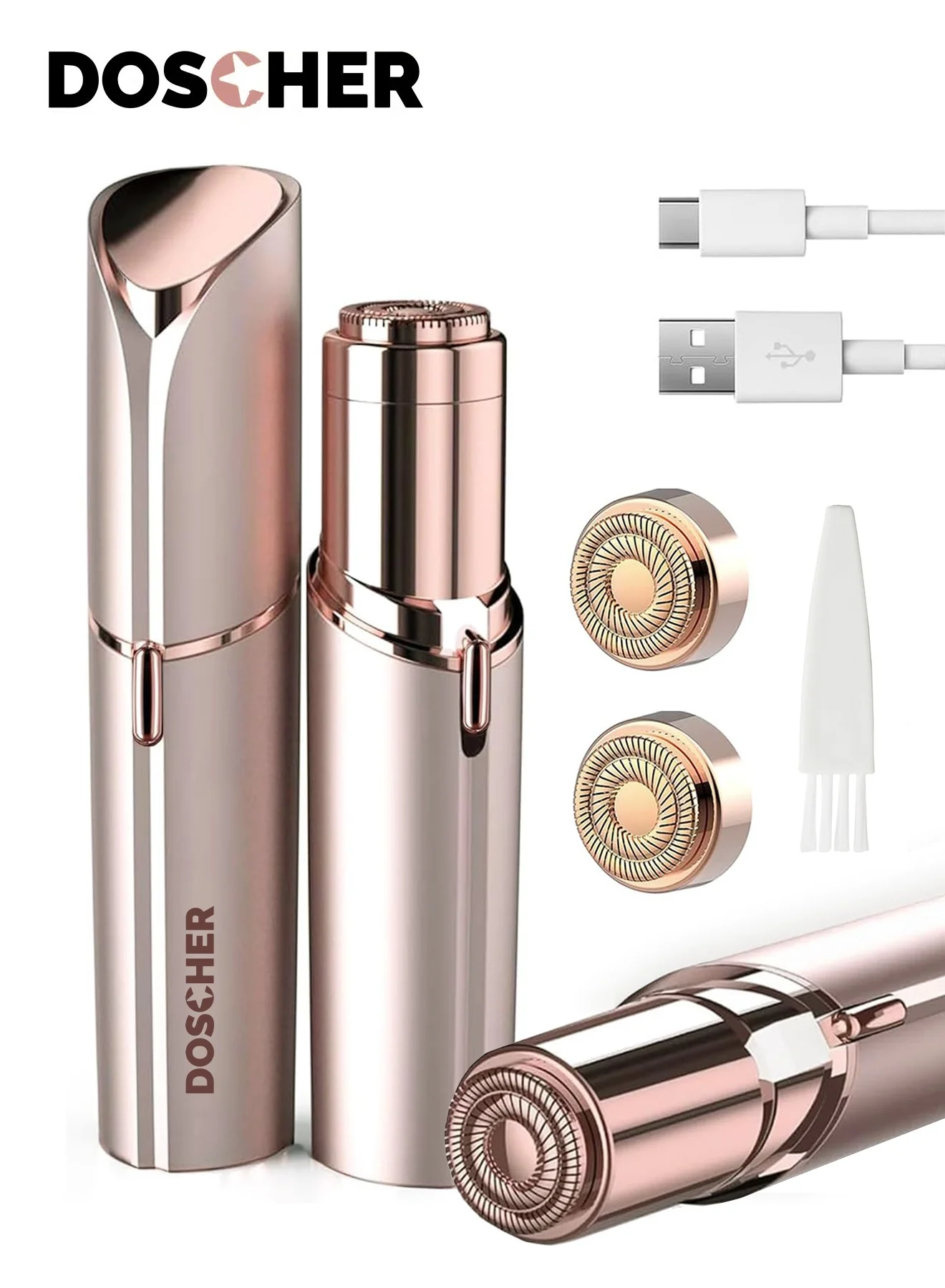 DOSCHER Electric Hair Remover for Women, Painless Facial and Body Shaver with 2 Replacement Heads, USB Rechargeable (White, 1 Set) w69ns