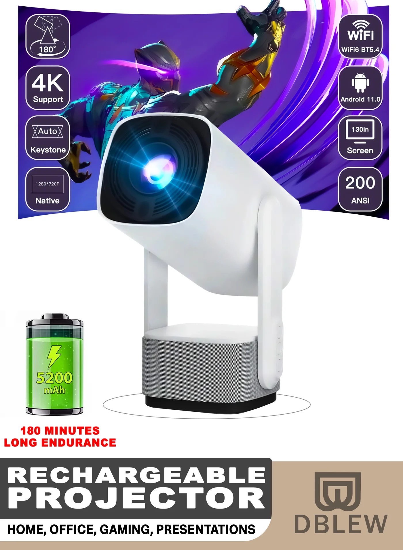 DBLEW Rechargeable Smart Projector 5000 Lumens HD Portable Cinema 150 Inches Display with 230 Degree Rotating Screen for Home Movie Gaming Presentations s40sc