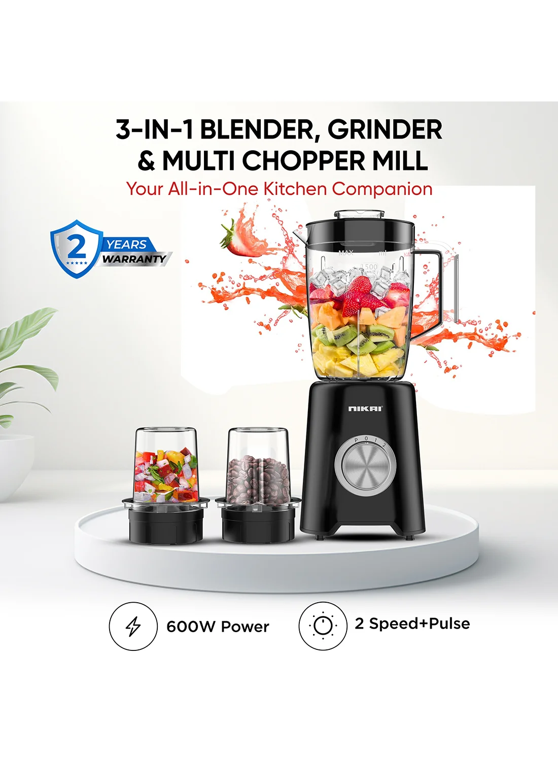 Premium 3-in-1 Kitchen Blender Set with Grinder and Mincer Attachments (Black, 1.5 L, 600 W) 7f4lq