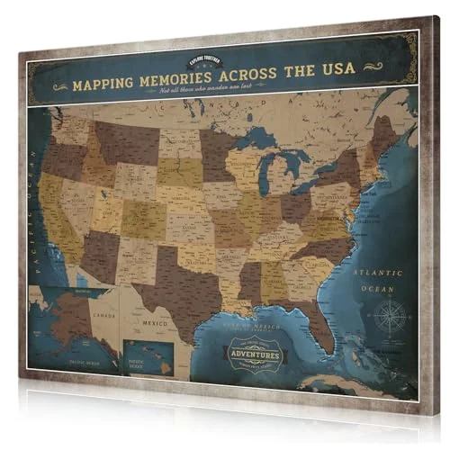 Vintage Explorer Push Pin Travel Map Canvas Wall Art (Blue, 50x40 cm) Premium Giclee Print for Living Room and Office Decor en8rp