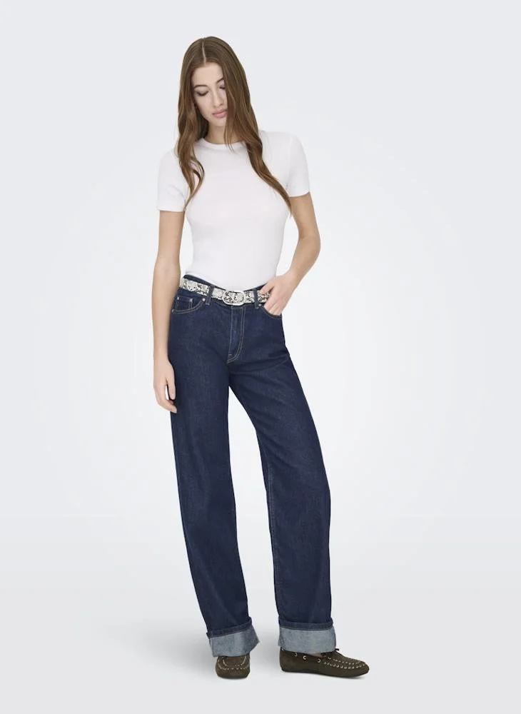 ONLY Mid-Waist Wide Leg Denim Jeans with Fold-Up Hem (Blue, Medium) dy9au