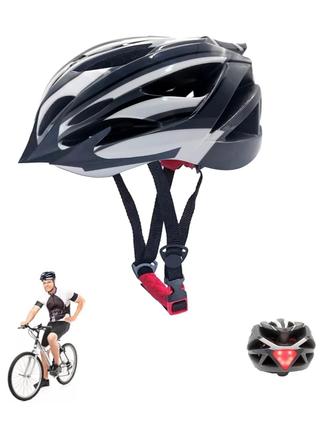TRASSLE Adult Cycling Helmet with LED Rear Light and Breathable Lining for Mountain and Road Bike Commuting (One Size) t3x7n