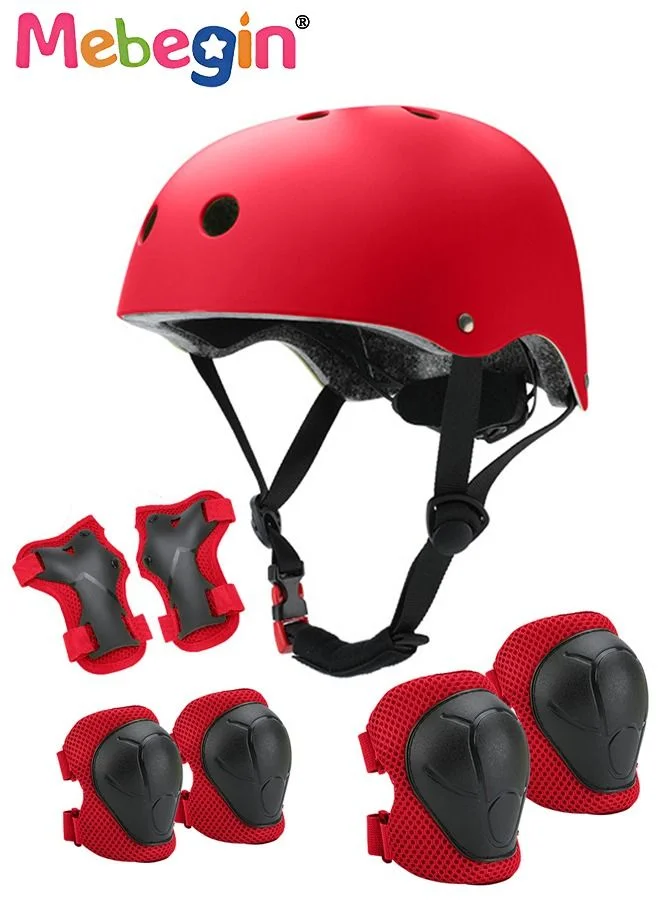 MEBEGIN 7-Piece Multi-Sport Protective Gear Set with Adjustable Helmet Knee Elbow Pads and Wrist Guards (Red, One Size) 13wz3