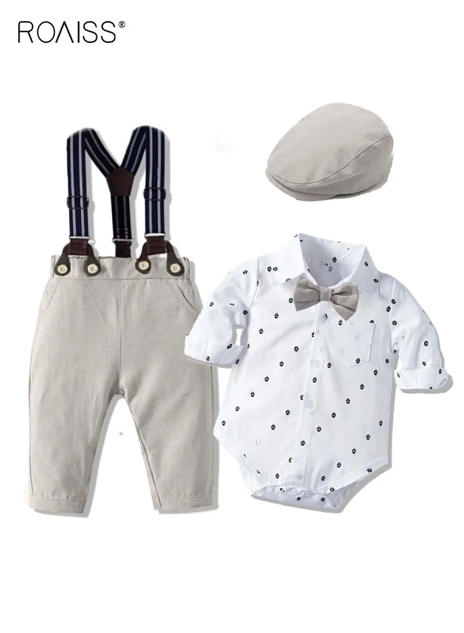 Roaiss Baby Boy Formal Outfit Set (Long Sleeve Romper, Suspender Pants, Bow Tie, Beret) Premium Cotton Blend for Weddings and Special Occasions 8fda8
