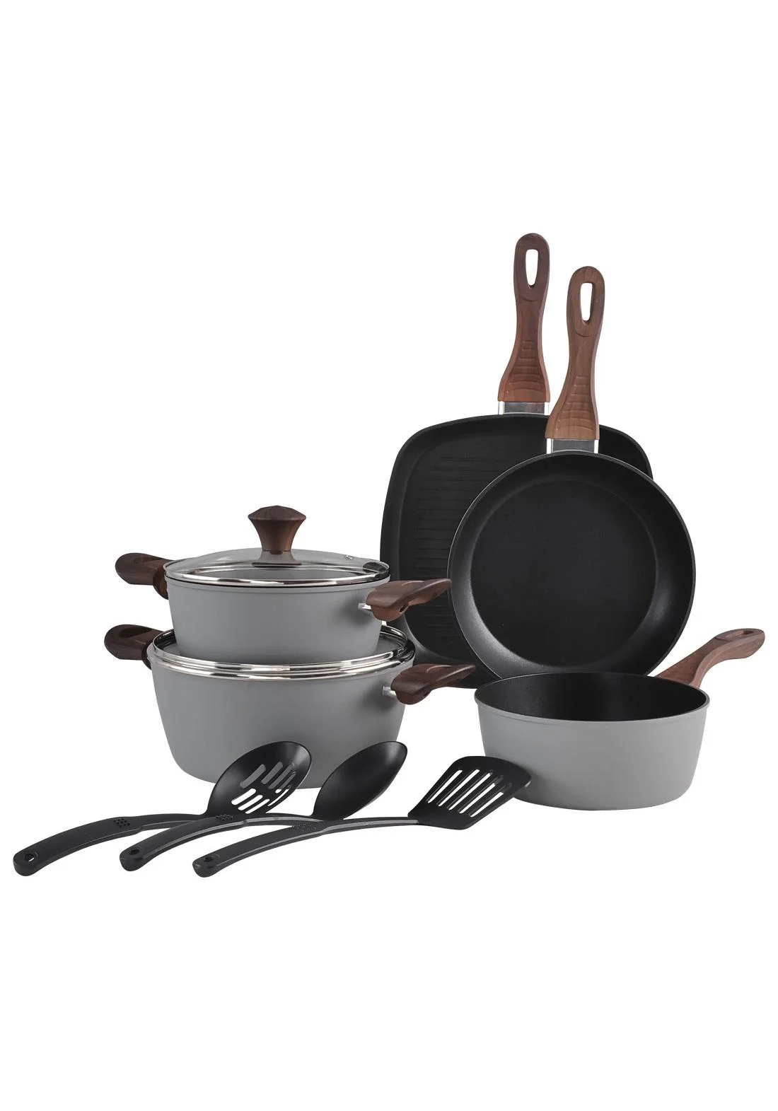Premium 10-Piece Non-Stick Aluminum Cookware Set with Wood Finish Handles and Tempered Glass Lids (Dark Grey, 10-Piece) tht7j