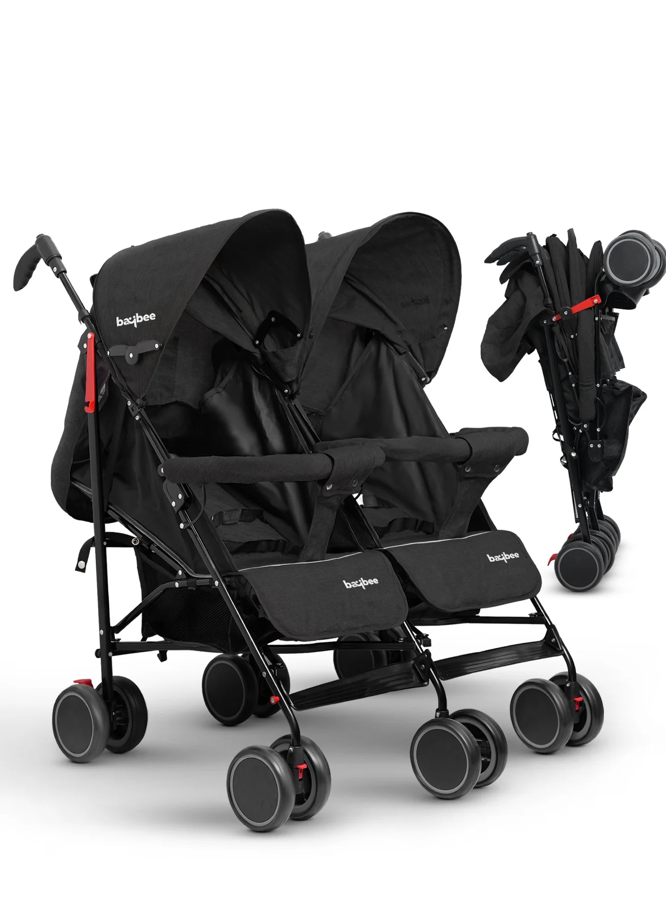 BAYBEE 2-in-1 Twin Baby Stroller with Adjustable Canopy and Safety Guardrail (Black, Double Seat) 3s0u3