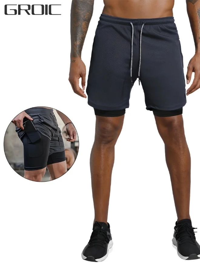 GROIC Mens 2-in-1 Running Shorts Quick Dry Workout Athletic Gear with Pockets (Black, XXL) dajmr