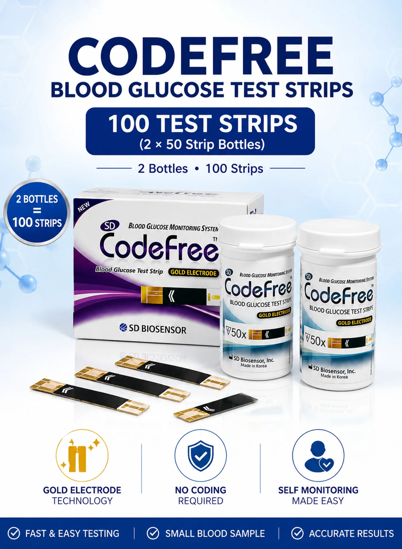 Premium Blood Glucose Test Strips with Gold Electrode Technology for Daily Monitoring (100 Count, 2 x 50 Strips) gahrq
