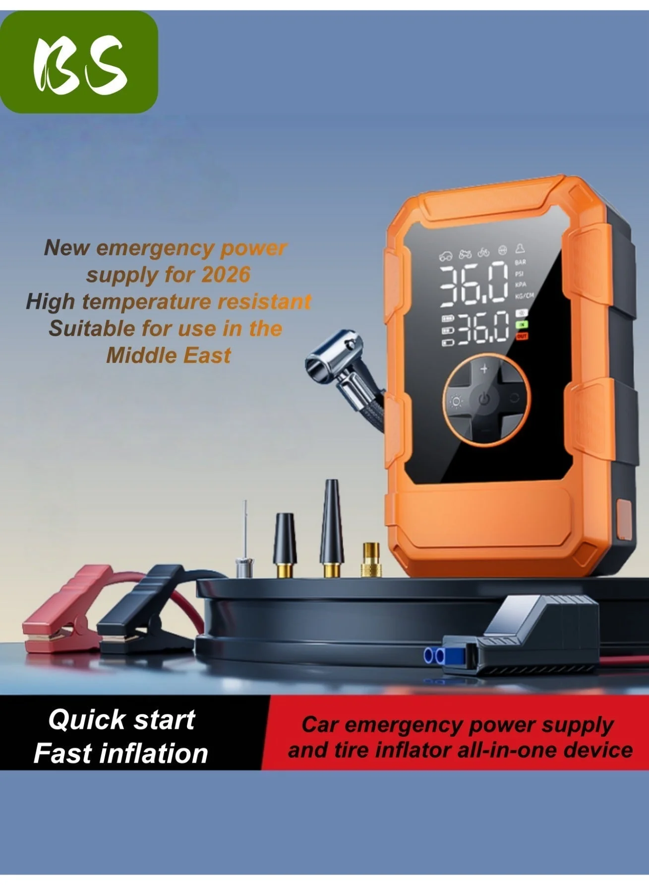 BS Portable Car Jump Starter 2500A Peak 20000mAh 12V Battery Booster (For 8.0L Petrol & 6.5L Diesel Engines, LED Display, Power Bank) 229s2