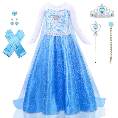 Premium Princess Costume Dress with Long Cape for Girls Birthday Party Halloween Cosplay (Blue, 110 cm) 233wf