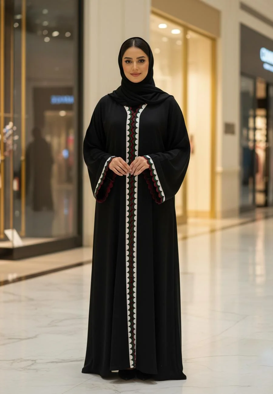 NUKHBAA Black Nida Abaya with UAE Flag Color Scallop Trim (Premium Fabric, For Women) dazwk