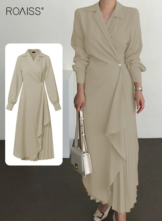 Roaiss Elegant Asymmetrical Pleated Tunic Dress for Women, Vintage V-Neck Long Suit Dress for Ramadan and Formal Occasions (Brown, One Size) gbiry