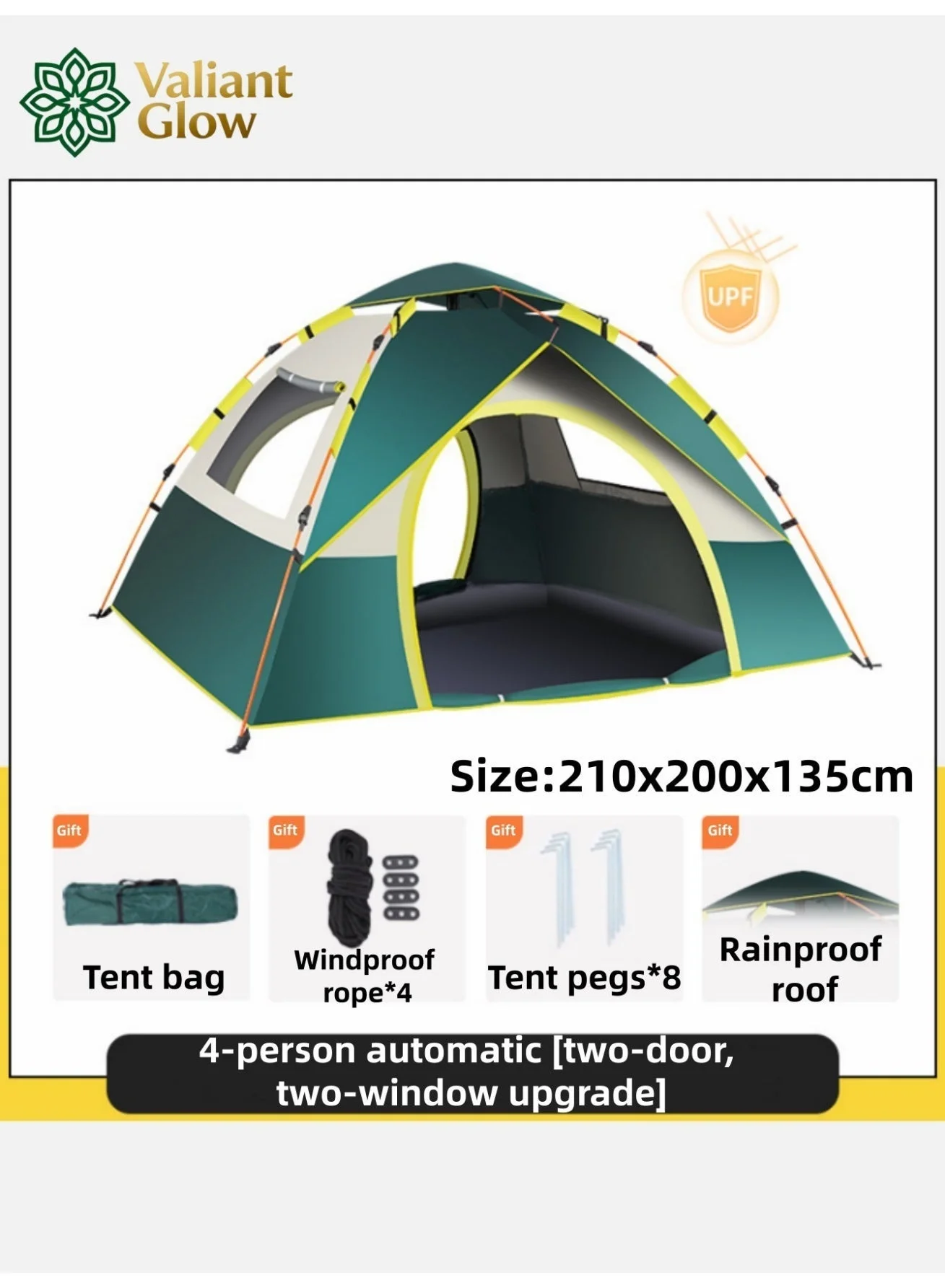 Valiant Glow 4-5 Person Outdoor Camping Tent Waterproof Oxford Fabric Pop-Up Shelter for Hiking and Mountaineering (Large) pup9k