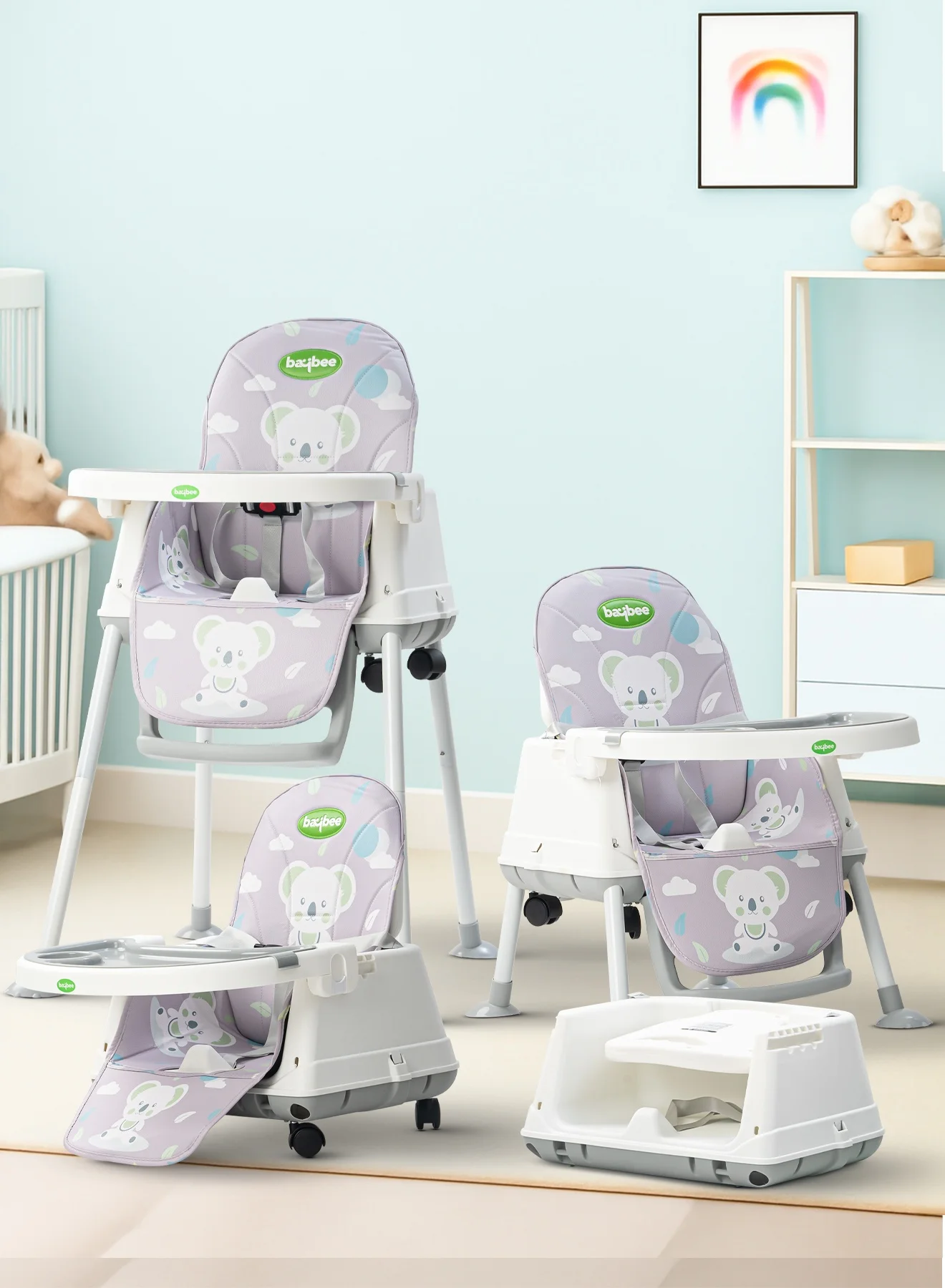 BAYBEE 4-in-1 Convertible Baby High Chair with Adjustable Height and Safety Belt (Grey, 1-Pack) kc91u