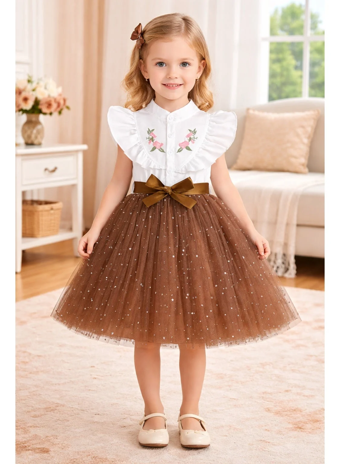 Smarties AE Girls Floral Embroidered Party Dress with Star Tulle Skirt & Bow (Red, 3-5 Years) 6vajy