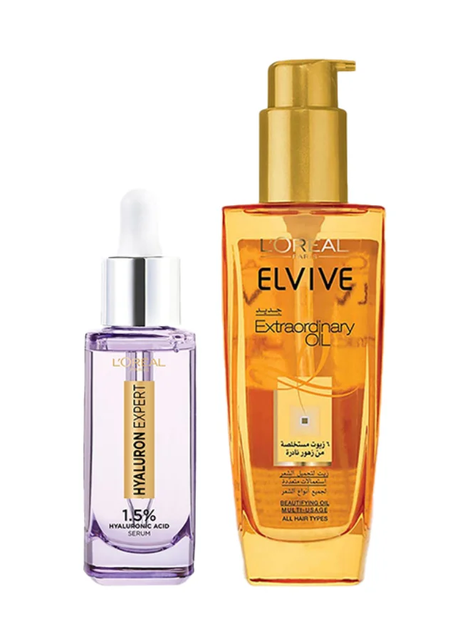 L'Oreal Paris Hyaluronic Acid Face Serum and Extraordinary Hair Oil Set (30 mL, 100 mL) n682d