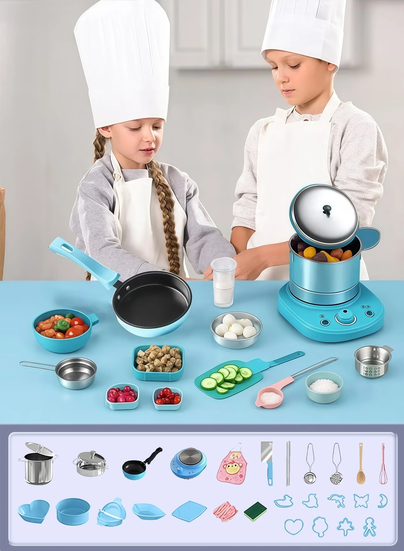 Premium Kids Kitchen Playset 32-Piece Educational Cooking Activity Set (Blue, 32 Pieces) xqcmr