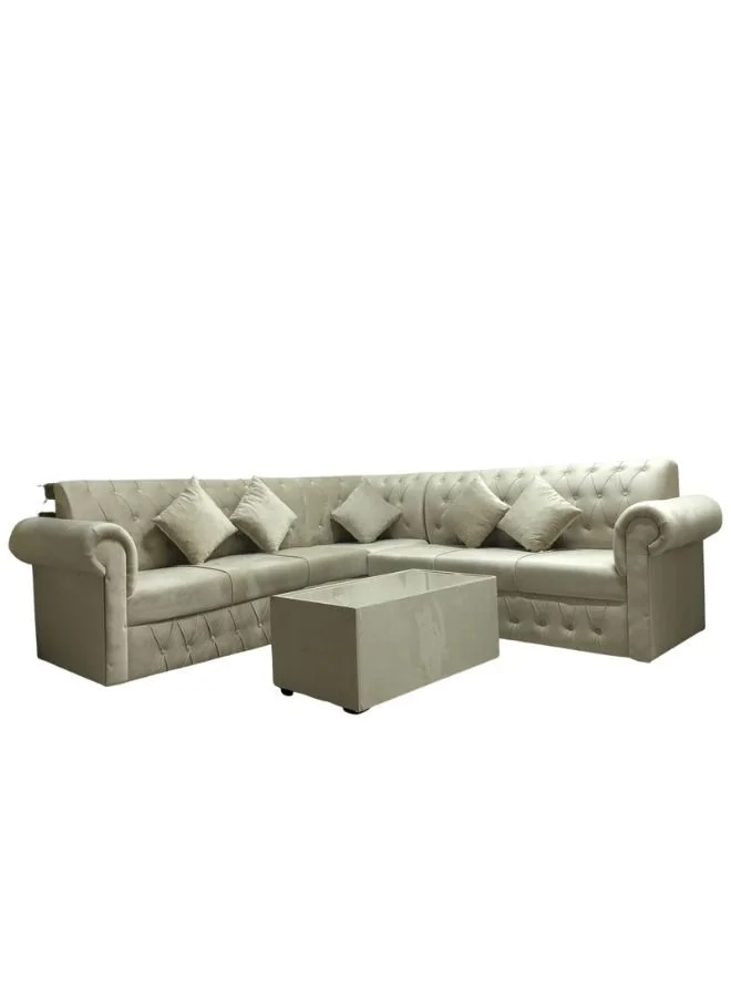 Maharat Al Bahar L-Shaped Velvet Sofa Set with Coffee Table and Cushions (Beige, 250x250x80 cm) zkmv3