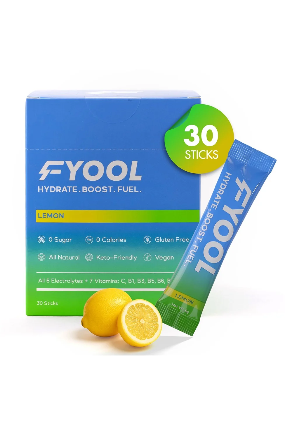 Fyool Hydration Electrolyte Powder with Vitamins and Minerals (Lemon Flavor, 30 Stick Packs) 8lwqn
