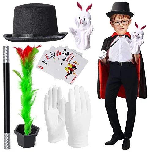 Yewong Kids Magician Costume Set with Top Hat Cloak Cape Wand Gloves and Rabbit Puppet (One Size) hhkm5
