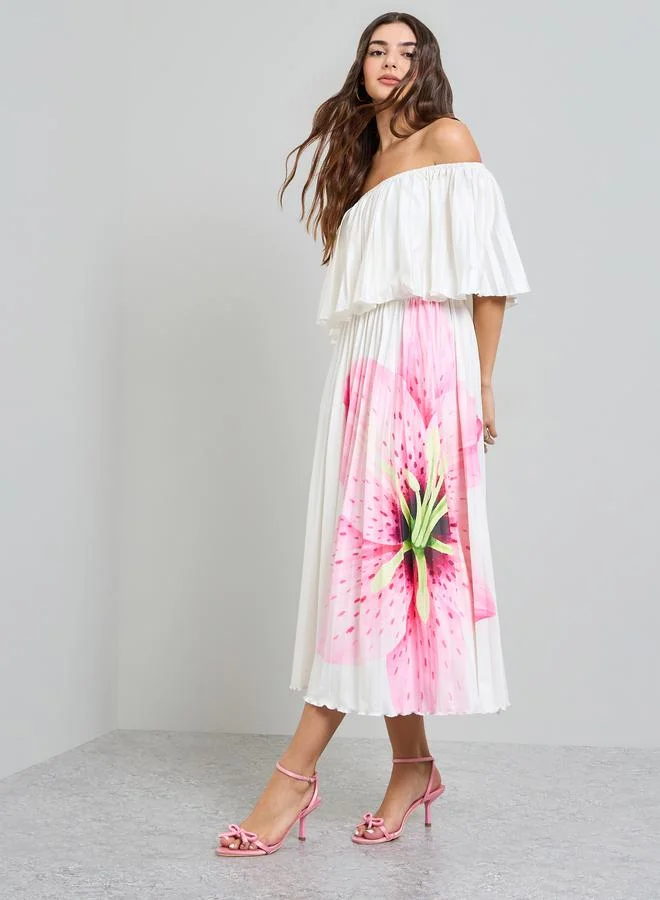 Styli White Floral Off Shoulder A-Line Midi Dress (Elegant Summer Casual Wear) 2s6hn