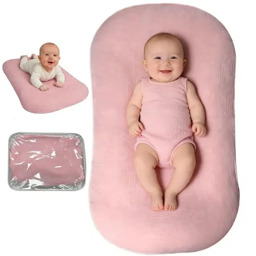 Premium Baby Lounger Newborn Nest with Breathable Soft Cover for Travel and Floor Use (Pink, 0-24 Months) dc1av