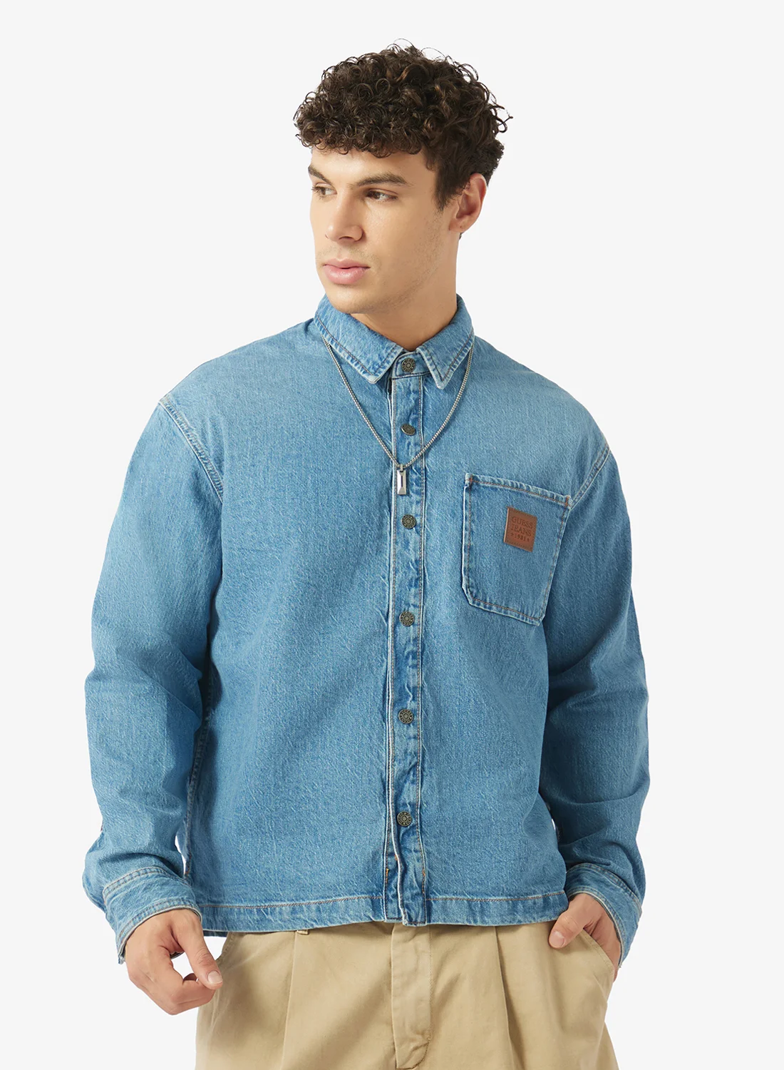 Premium Denim Button Down Shirt with Pocket Detail for Women (Blue, Medium) 1431c
