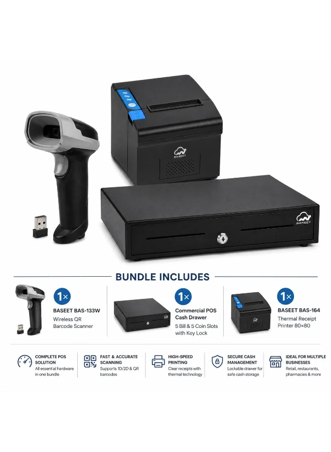 BASEET Professional POS System Bundle with Wireless 2D Barcode Scanner, Thermal Receipt Printer and Cash Drawer for Retail and Restaurants yqiid