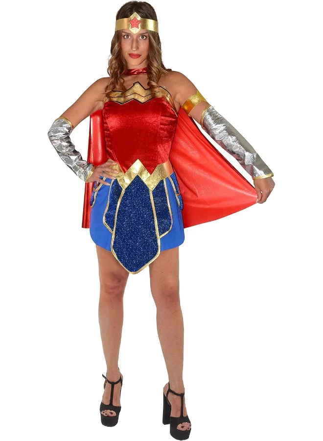 Premium Superhero Heroine Costume Set for Women (Red and Blue, Size S) b4ylw