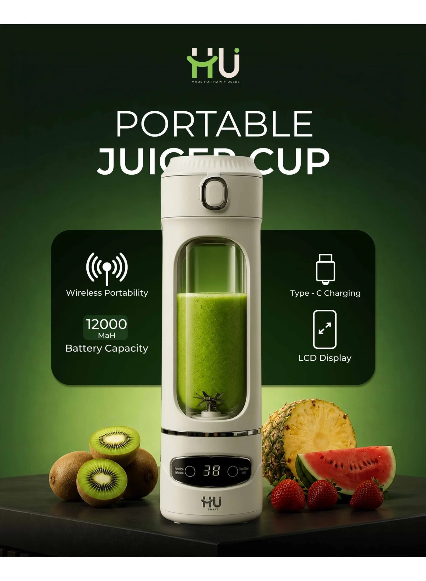 H U Portable Wireless Juicer Cup with LCD Display and Type-C Charging (White, 600 mL) prkc5