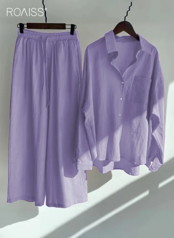 Roaiss Women's Cotton Linen 2-Piece Set Long-Sleeve Lapel Shirt and Loose Pants Suit (Purple, Plus Size) bzear
