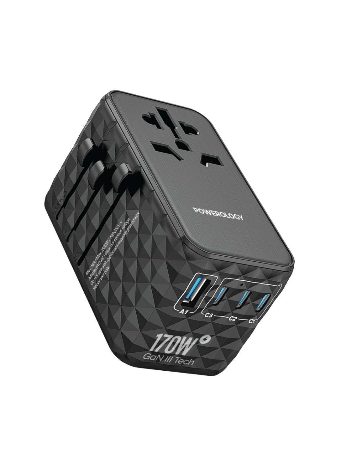 Powerology 170W GaN Fast Charger with 4 Ports & AC Socket (Black, 170W) lh6gs