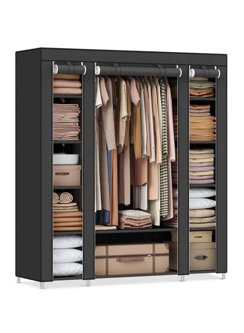Premium Fabric Wardrobe Organizer with Hanging Rod and Shelves (Black, 150x45x175cm) m6i3f